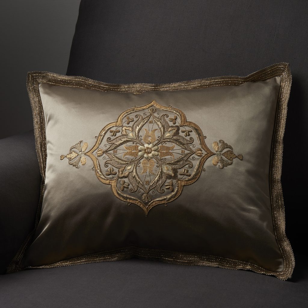 Riberac bespoke hand embroidered cushion on Turnell & Gigon satin la tour