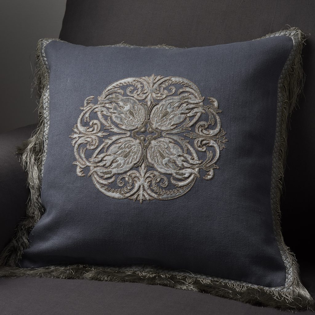 Troussay bespoke hand embroidered cushion on Turnell & Gigon Dressy linen